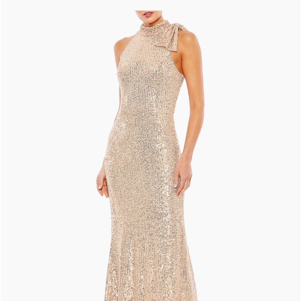 MacDuggal Rose gold soft tie halter neck column gown